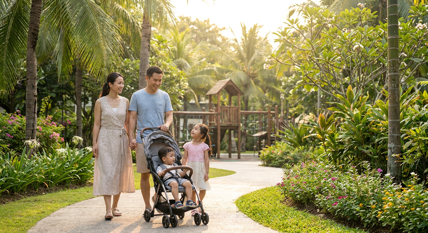Family walking outdoors in warm morning sunlight