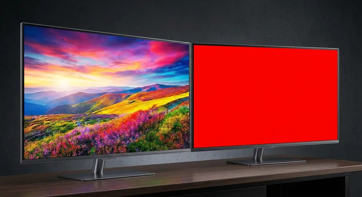 Two monitors showing normal display mode and red light mode