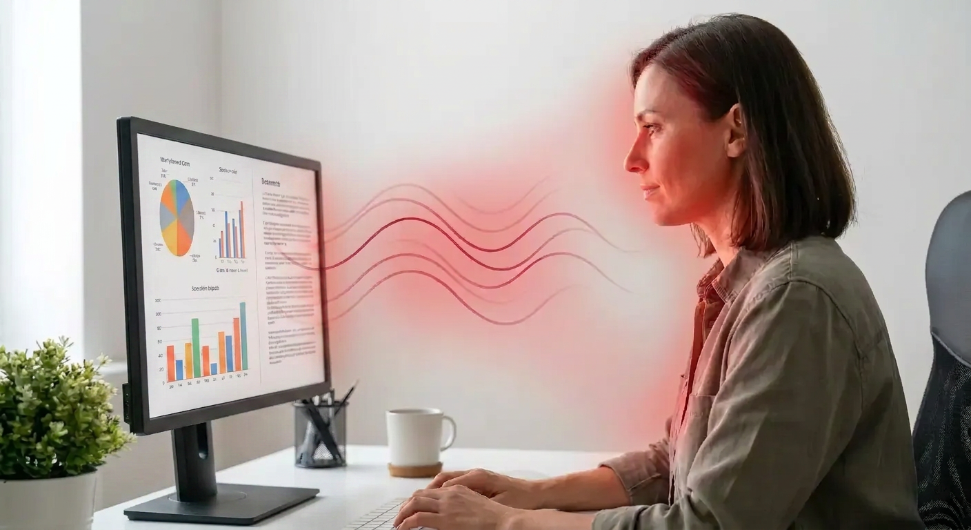 Person working at a monitor with stylized near-infrared waves